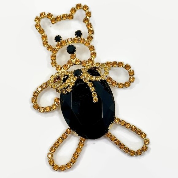 Bear Brooch, Teddy Bear, 3 3/4" Long, Orange Rhinestones, Gold, Vintage Pin - Picture 2 of 4
